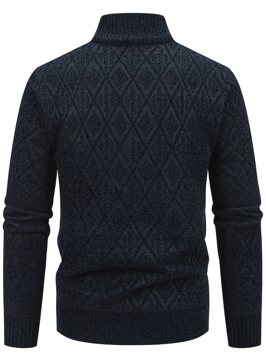 Back view of a navy blue men's zip-up cardigan featuring a textured diamond knit pattern and a ribbed stand collar.