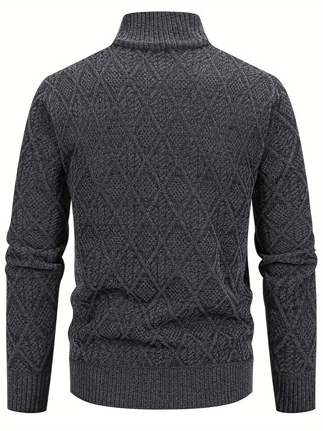 Charcoal grey men's knit cardigan with a geometric rhombus pattern, stand collar, and ribbed cuffs and hem.