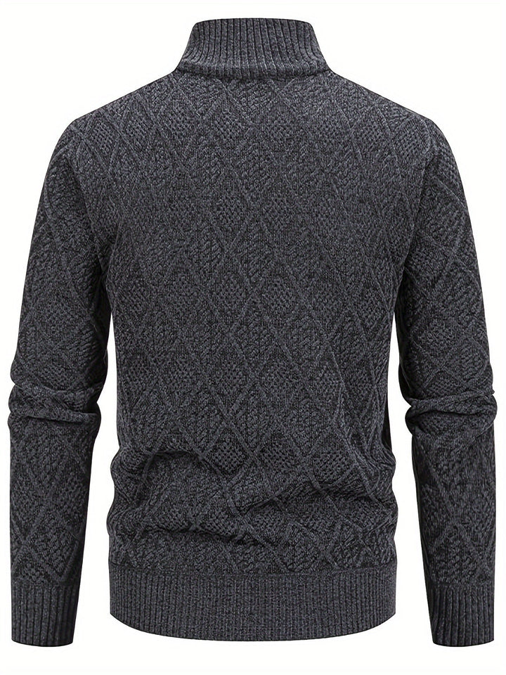 Charcoal grey men's knit cardigan with a geometric rhombus pattern, stand collar, and ribbed cuffs and hem.