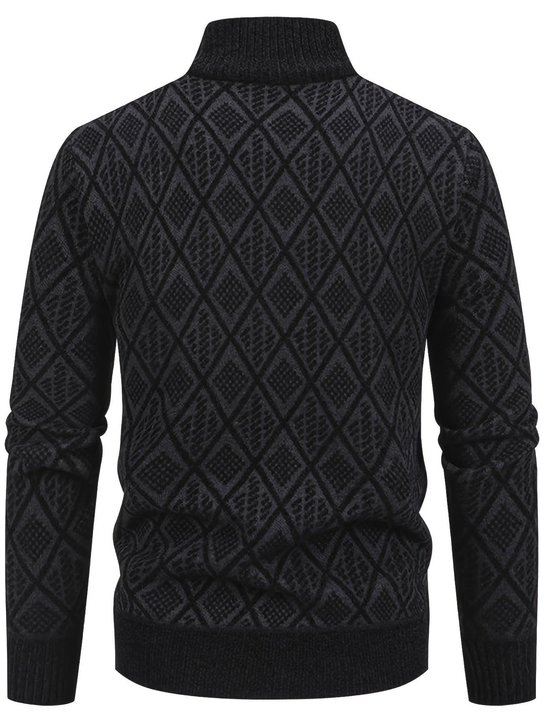 Back view of a black men's knit cardigan featuring a geometric diamond pattern, stand collar, and ribbed hem and cuffs.