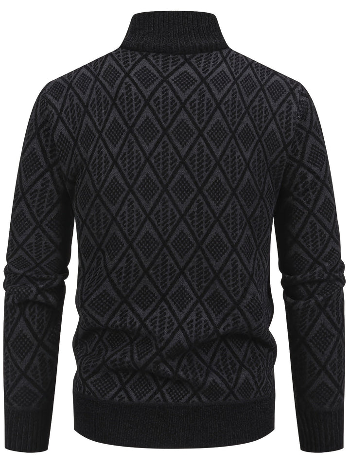 Back view of a black men's knit cardigan featuring a geometric diamond pattern, stand collar, and ribbed hem and cuffs.