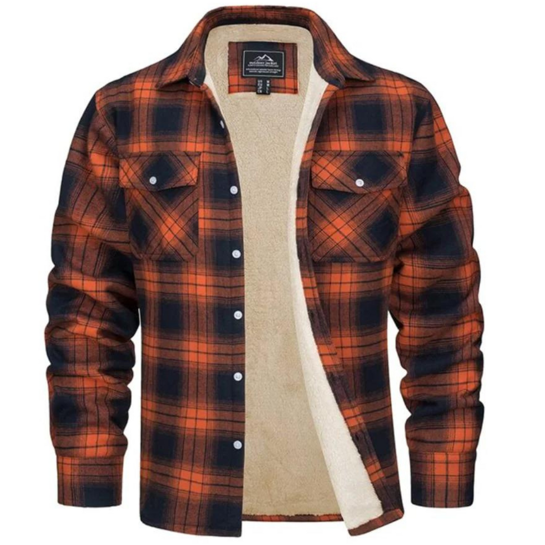Men's orange and black plaid shirt jacket featuring a warm beige sherpa lining, button-down front, and dual chest pockets.