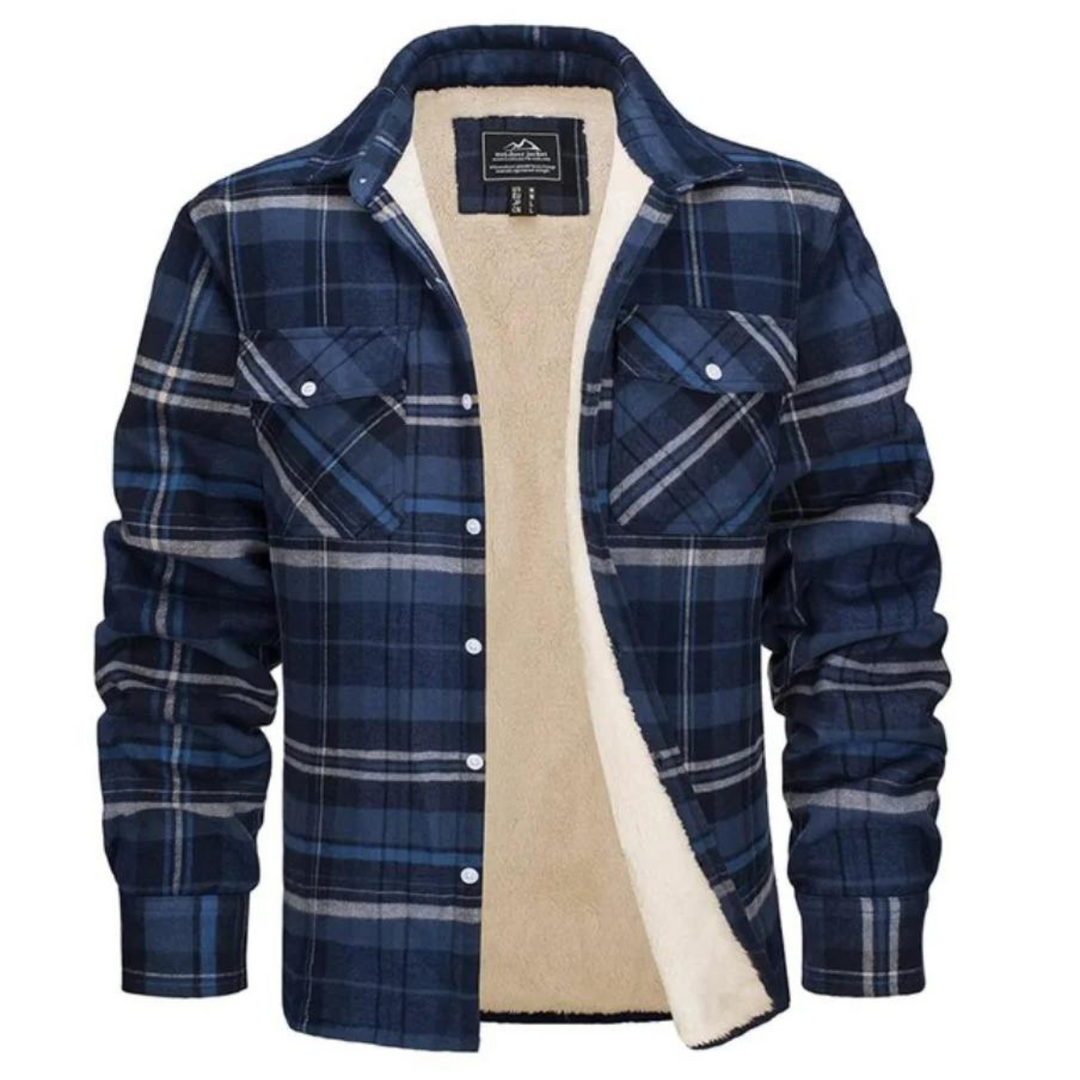 Men's blue and grey plaid shirt jacket with a cozy beige sherpa lining, button-down front, and dual chest pockets.