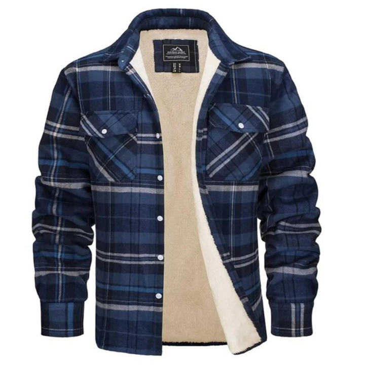 Men's blue and grey plaid shirt jacket with a cozy beige sherpa lining, button-down front, and dual chest pockets.
