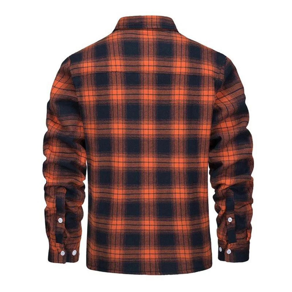 Back view of a men's orange and black plaid shirt jacket featuring a classic collar and buttoned cuffs.