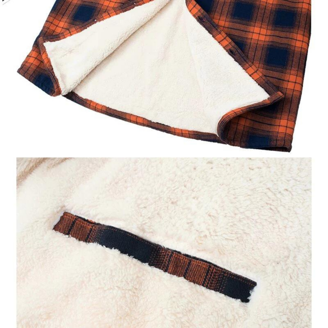 Orange and navy plaid shirt jacket featuring a soft, cream-colored sherpa fleece lining and button-down front.