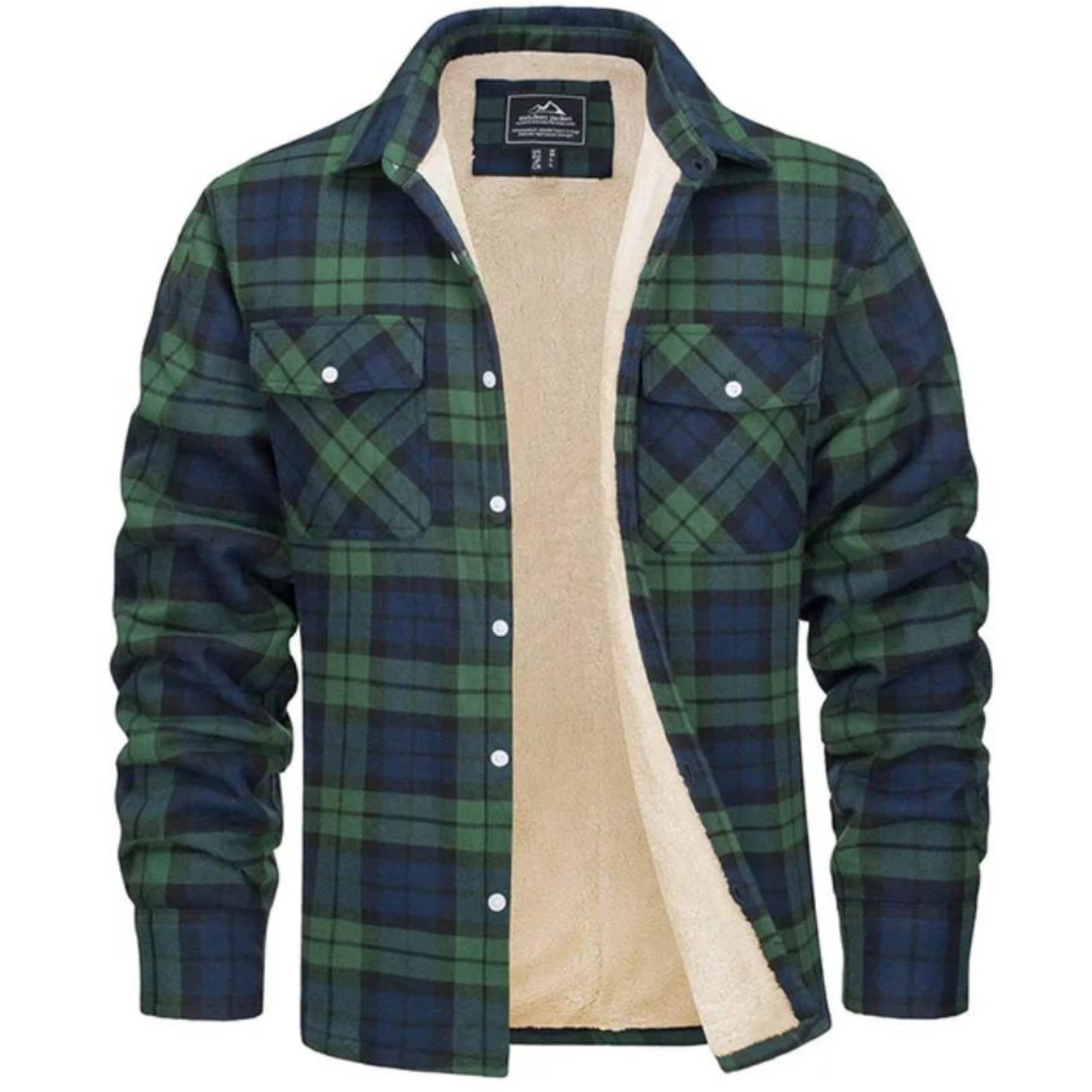 Men's green and navy plaid shirt jacket with a warm beige sherpa lining, button-down front, and dual chest pockets.