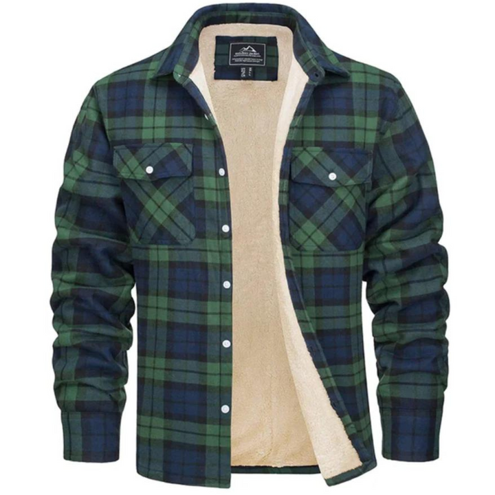 Men's green and navy plaid shirt jacket with a warm beige sherpa lining, button-down front, and dual chest pockets.