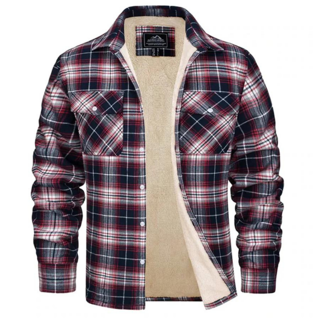Men's red and navy plaid shirt jacket with a cozy beige sherpa lining, button-down front, and dual chest pockets.