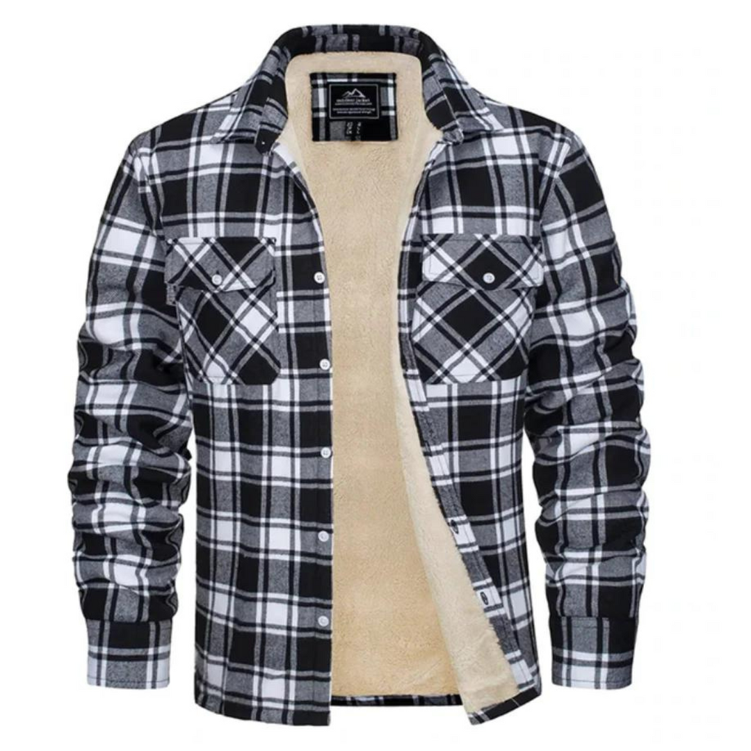 Men's black and white plaid shirt jacket with a cozy beige sherpa lining, button-down front, and chest pockets.