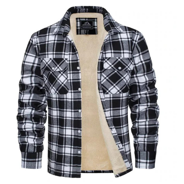 Men's black and white plaid shirt jacket with a cozy beige sherpa lining, button-down front, and chest pockets.