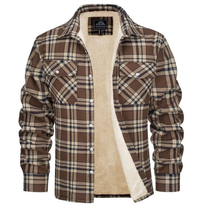 Men's brown plaid shirt jacket with a warm cream-colored sherpa lining, button-down front, and dual chest pockets.