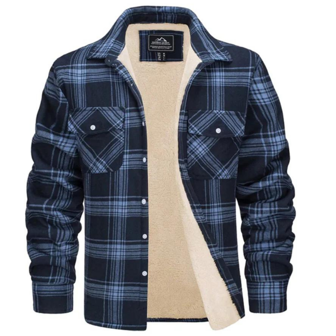 Men's blue and black plaid shirt jacket with a warm beige sherpa lining, button-down front, and dual chest pockets.