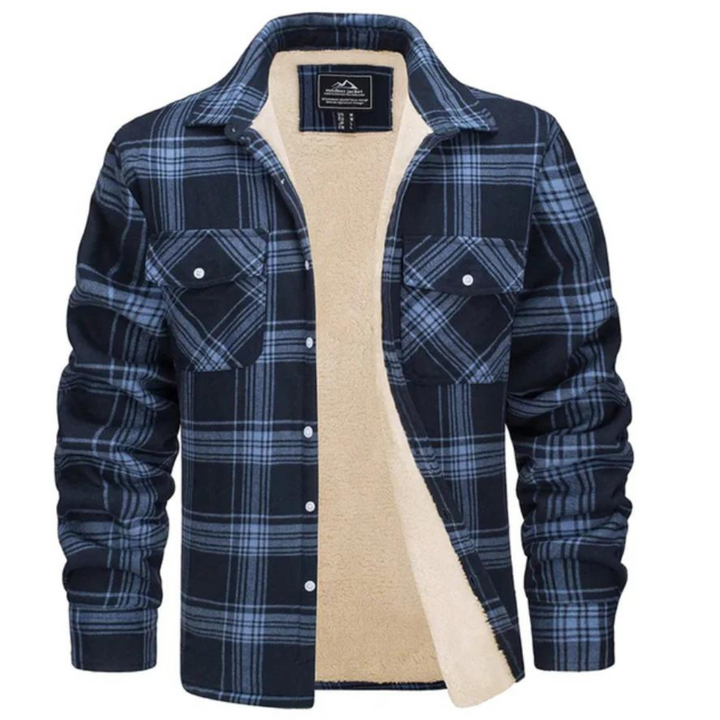 Men's blue and black plaid shirt jacket with a warm beige sherpa lining, button-down front, and dual chest pockets.