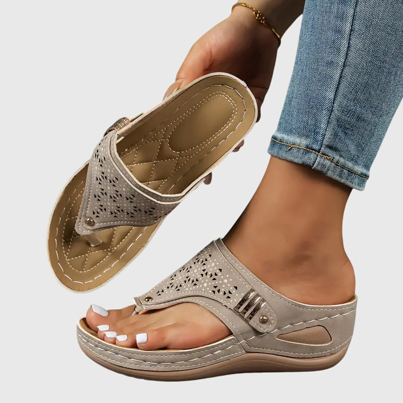 Bonnie women's orthopedic wedge sandals in taupe with laser-cut details, ergonomic footbed, and stable sole.