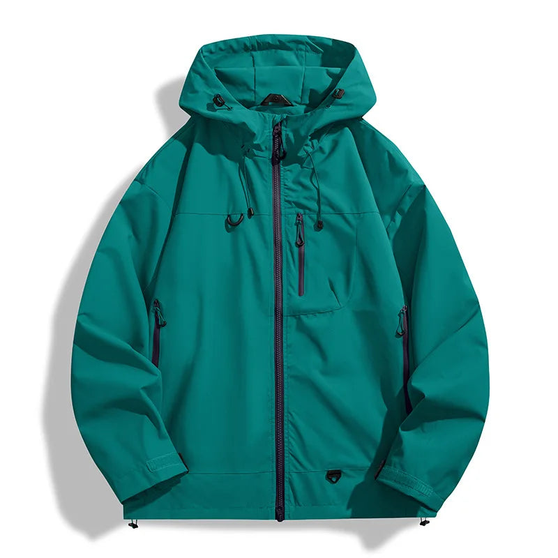Teal lightweight hooded windbreaker with water-resistant shell, adjustable hood, and secure zippered pockets.