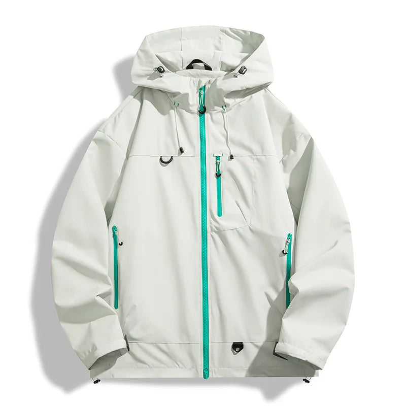 Lightweight white windbreaker jacket with a hooded design, teal zipper accents, and a water-resistant shell for outdoor wear.