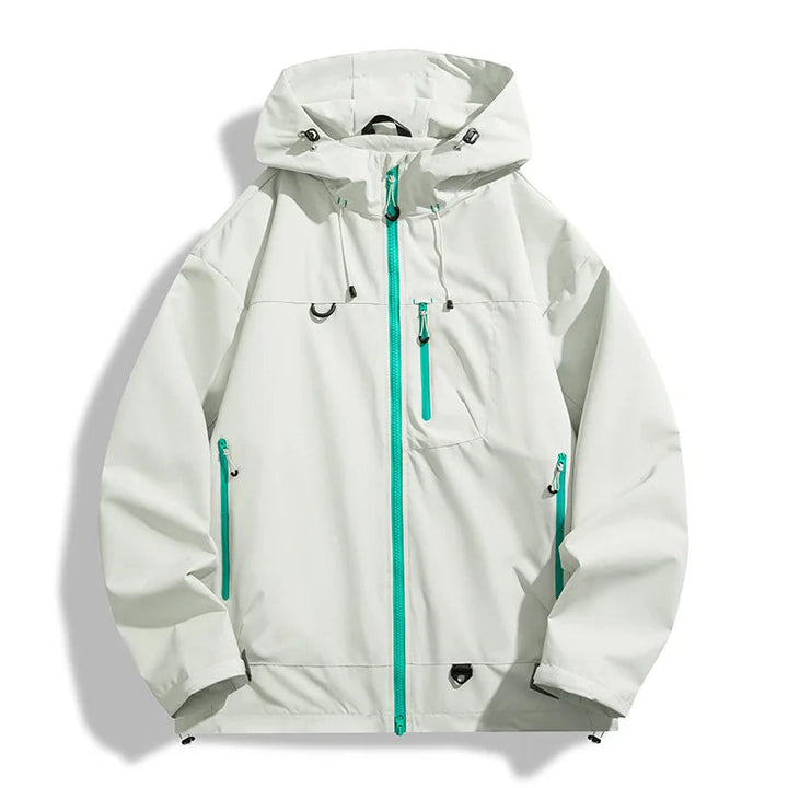 Lightweight white windbreaker jacket with a hooded design, teal zipper accents, and a water-resistant shell for outdoor wear.