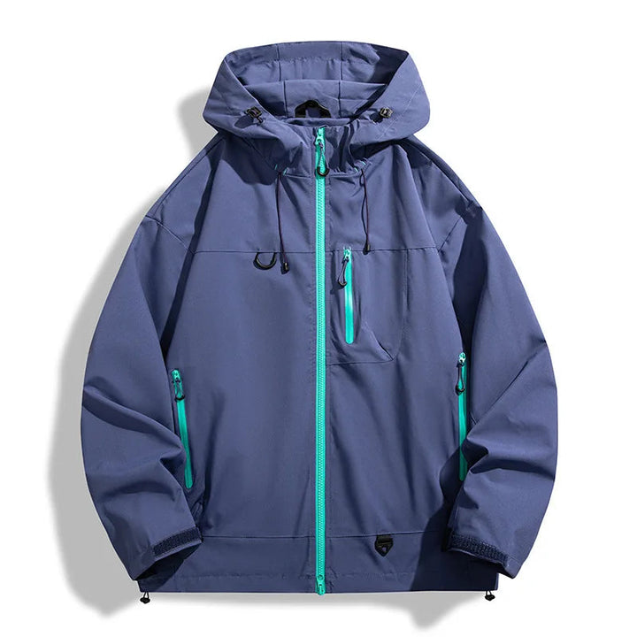 Blue lightweight hooded windbreaker with vibrant teal zippers, adjustable hood, and water-resistant shell.