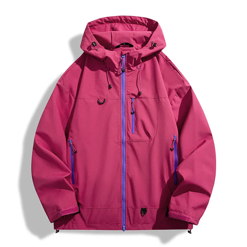 Magenta Bryce lightweight windbreaker jacket with adjustable hood, water-resistant shell, and blue zippered pockets.