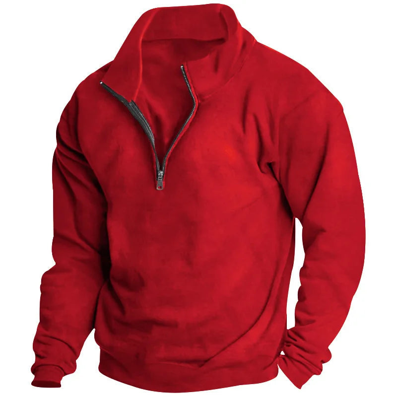Red men's quarter-zip sweatshirt with a soft fabric finish, ribbed cuffs, and a relaxed fit.