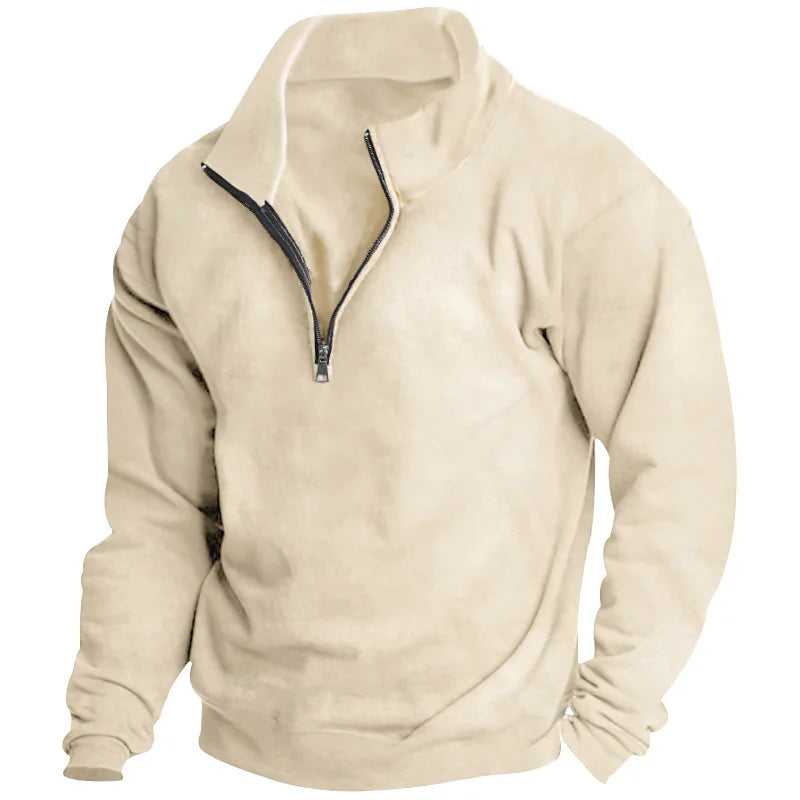 Beige men's quarter-zip sweatshirt with a soft fabric finish, ribbed cuffs, and a relaxed fit.