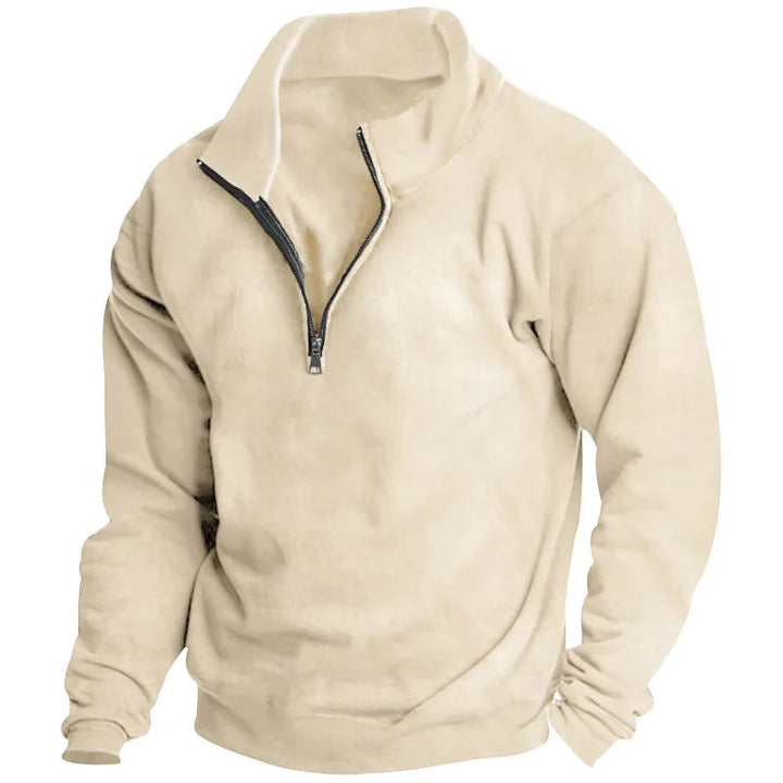 Beige men's quarter-zip sweatshirt with a soft fabric finish, ribbed cuffs, and a relaxed fit.