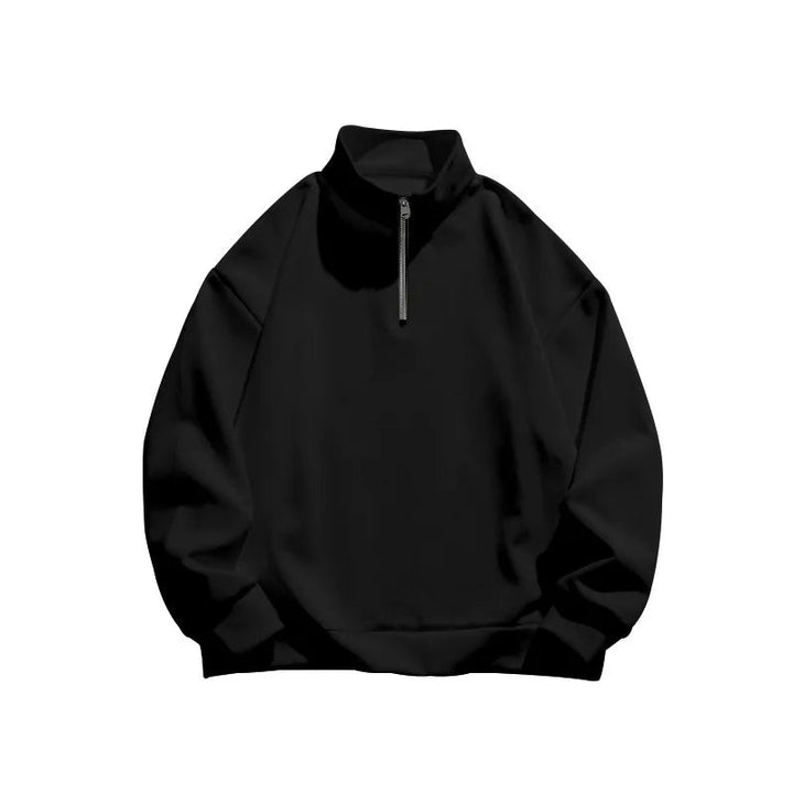 Black men's quarter-zip sweatshirt with a high collar, ribbed cuffs, and a relaxed fit in soft, cozy fabric.