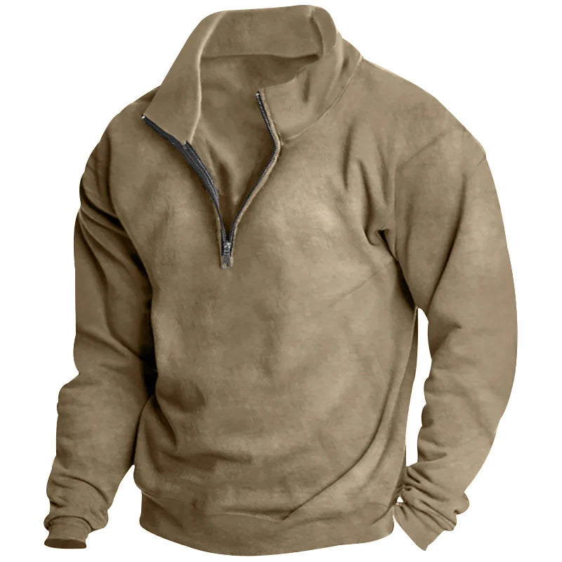 Men's tan quarter-zip sweatshirt in soft fabric with a relaxed fit, ribbed cuffs, and a high collar.