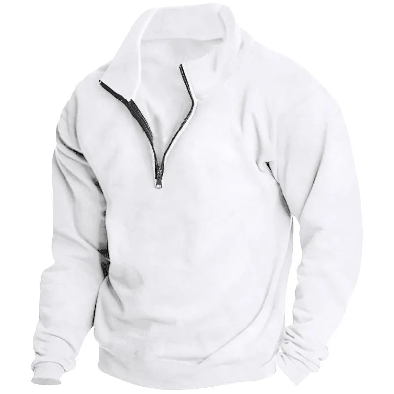 White men's quarter-zip sweatshirt with a relaxed fit, ribbed cuffs, and a soft, cozy fabric finish.