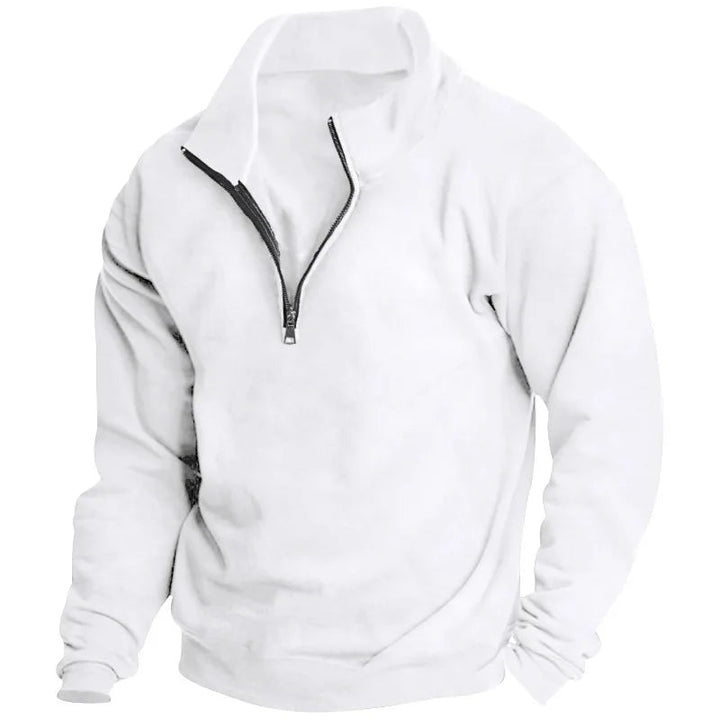 White men's quarter-zip sweatshirt with a relaxed fit, ribbed cuffs, and a soft, cozy fabric finish.
