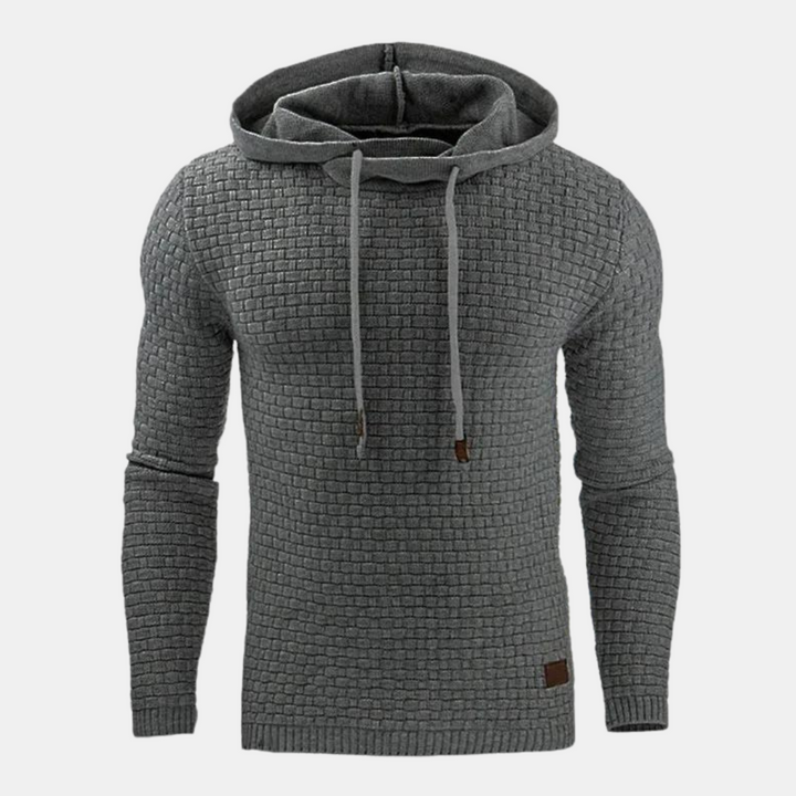 Grey men's textured waffle-knit hoodie with an attached hood, adjustable drawcords, and ribbed cuffs.