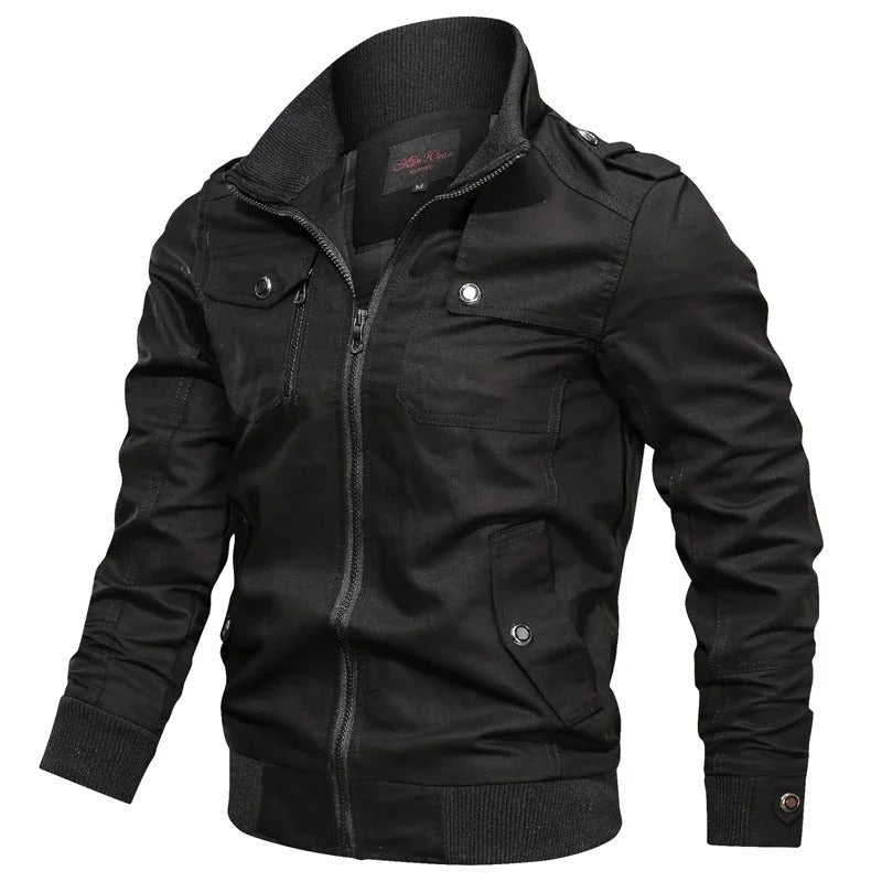 Black military-style field jacket with a ribbed stand collar, full zip front, epaulettes, and multiple utility pockets.