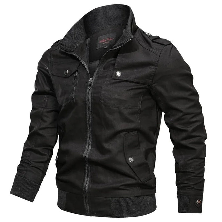 Black military-style field jacket with a ribbed stand collar, full zip front, epaulettes, and multiple utility pockets.
