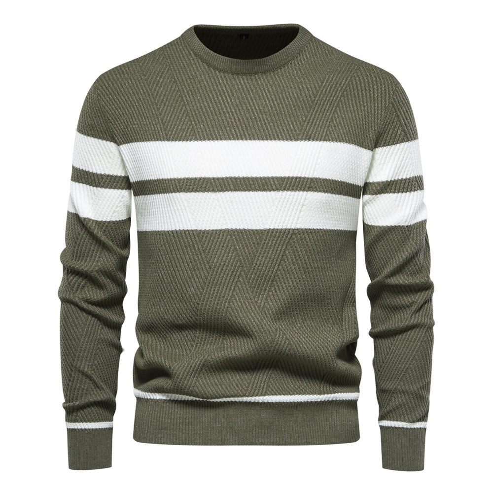 Olive green crew neck jumper with a textured knit, white chest stripes, and ribbed cuffs and hem.