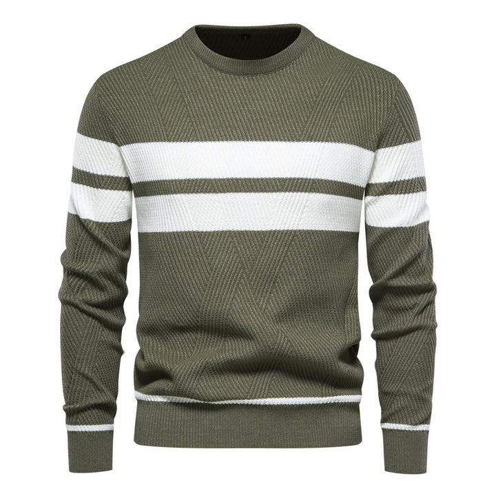 Olive green crew neck jumper with a textured knit, white chest stripes, and ribbed cuffs and hem.