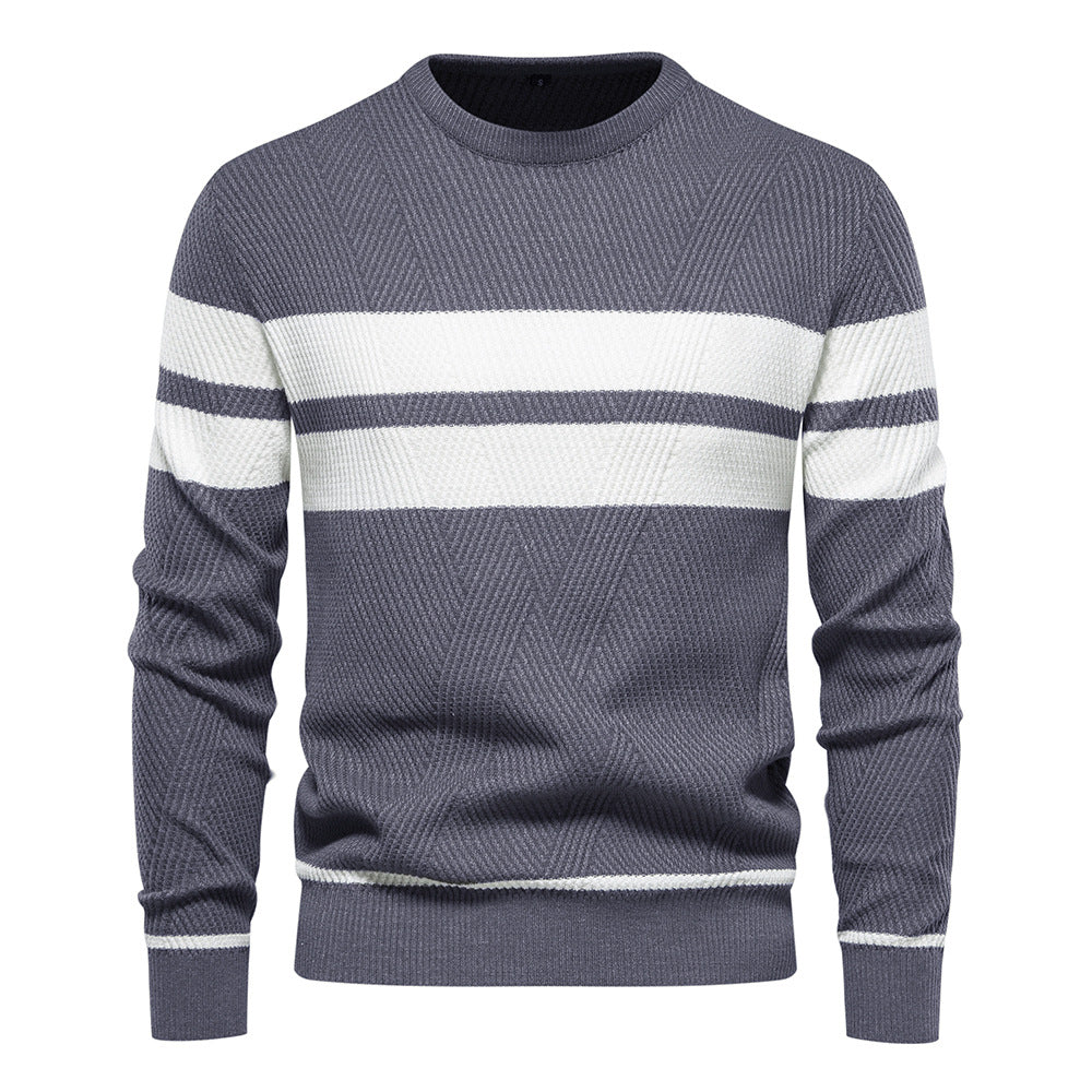 Men's grey textured crew neck jumper featuring bold white chest stripes and ribbed cuffs for a structured, classic look.