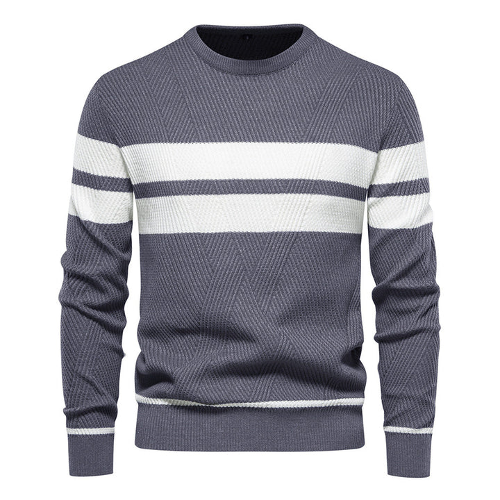 Men's grey textured crew neck jumper featuring bold white chest stripes and ribbed cuffs for a structured, classic look.