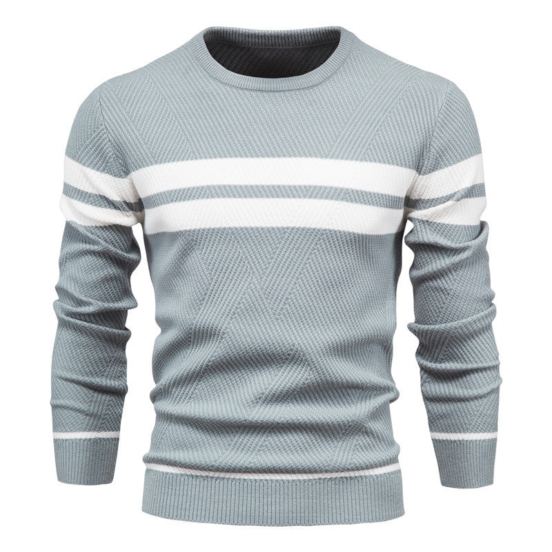 Grey textured crew neck jumper with white chest and cuff stripes, featuring a ribbed hem and classic knit design.