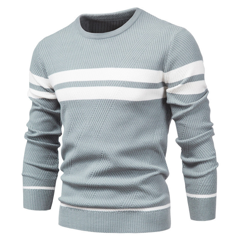 Grey textured crew neck jumper with white chest and cuff stripes, featuring a ribbed hem and classic knit design.