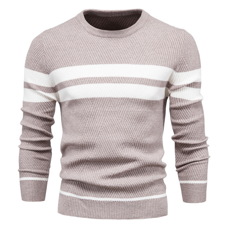 Taupe textured crew neck jumper with white chest and cuff stripes, featuring a ribbed hem and classic knit design.