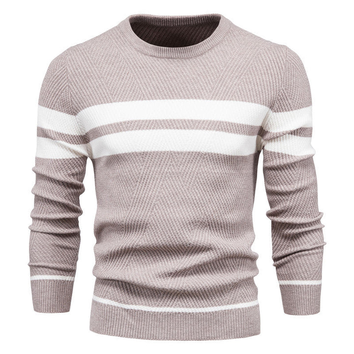 Taupe textured crew neck jumper with white chest and cuff stripes, featuring a ribbed hem and classic knit design.