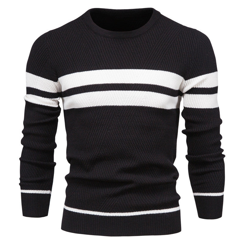 Black textured crew neck jumper with white contrast stripes on the chest, sleeves, and ribbed hem.