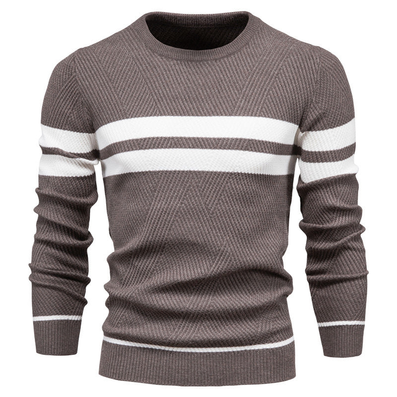Brown textured knit crew neck jumper with white chest and cuff stripes, featuring ribbed hem and cuffs.