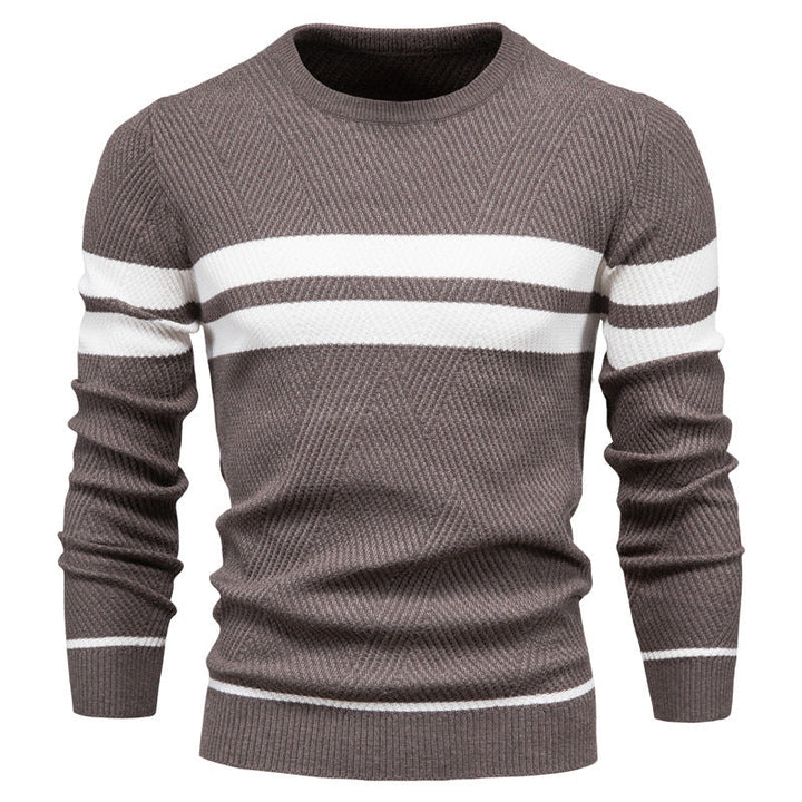 Brown textured knit crew neck jumper with white chest and cuff stripes, featuring ribbed hem and cuffs.