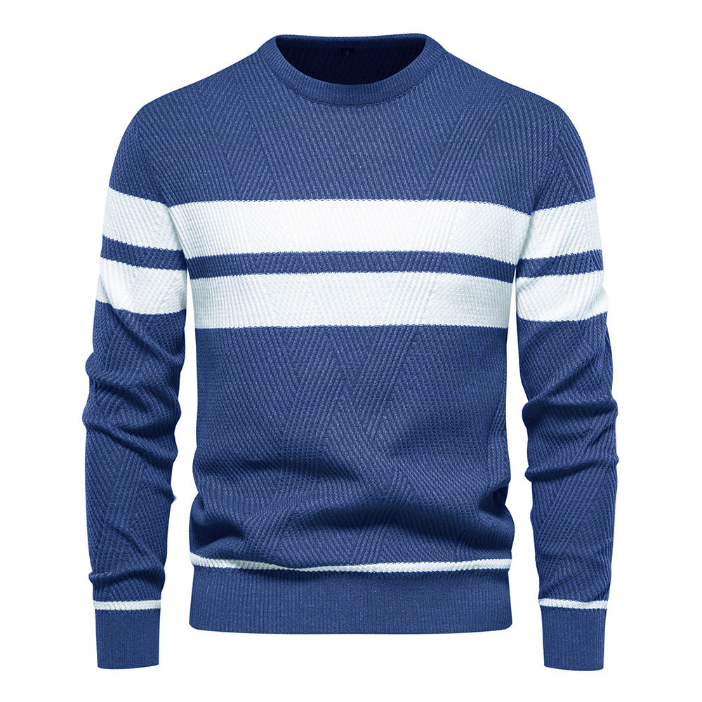 Blue textured crew neck jumper with white chest and cuff stripes in a soft knit fabric.