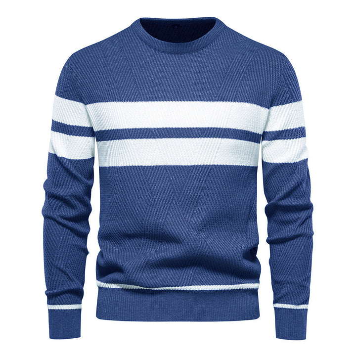 Blue textured crew neck jumper with white chest and cuff stripes in a soft knit fabric.