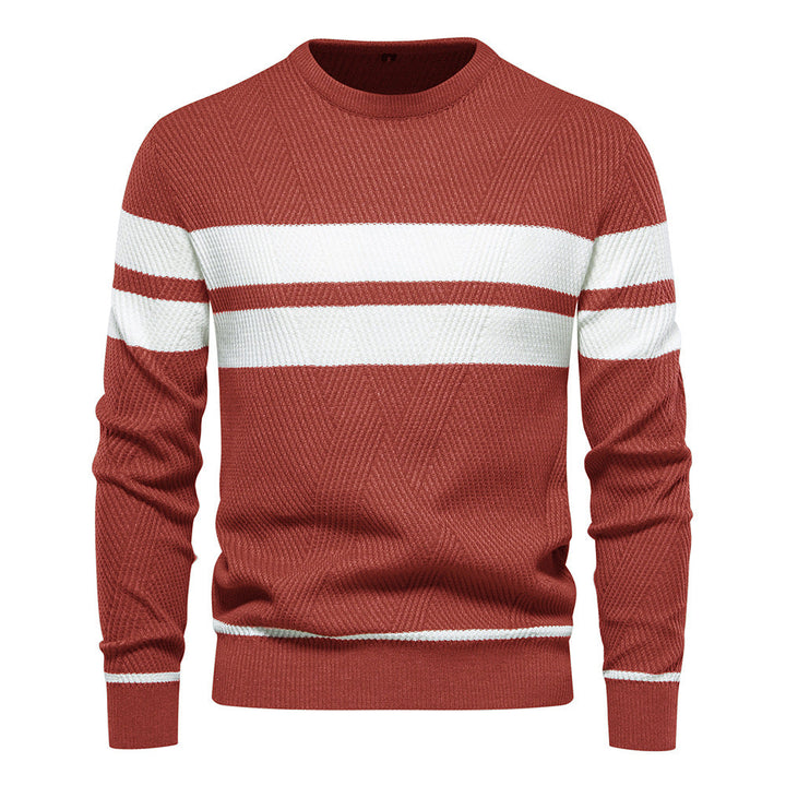 Men's rust-red crew neck jumper with a textured knit, white chest stripes, and ribbed cuffs and hem.