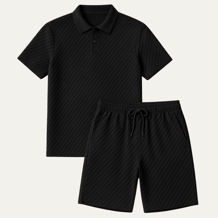 Black textured short-sleeve polo shirt and matching drawstring shorts set with a diagonal woven knit pattern.