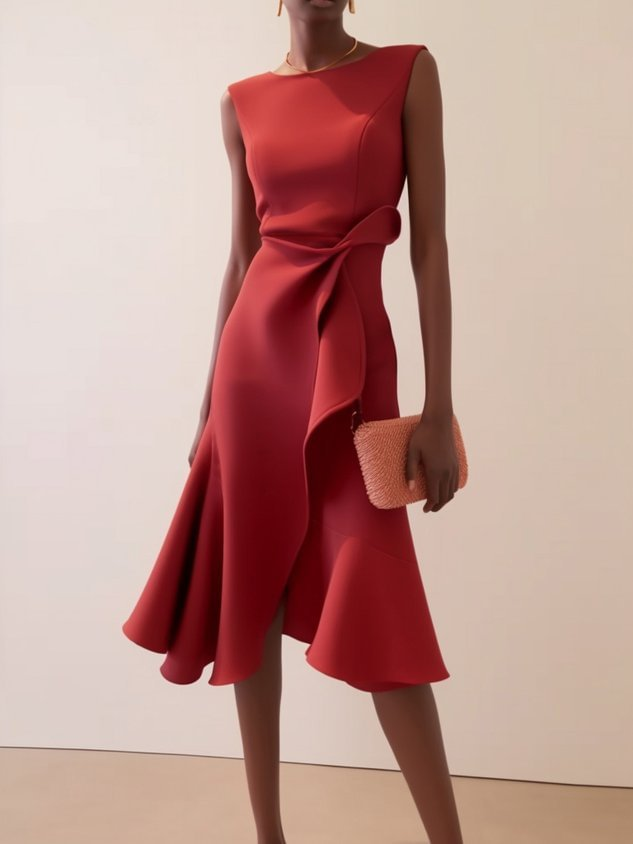 Camilla women's draped sleeveless midi dress in rich red with an asymmetric waist detail and flared skirt.